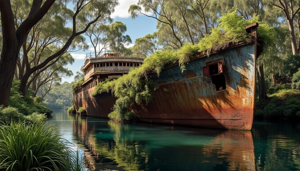 explorez la forêt flottante unique du ss ayrfield à sydney, australie, un ancien navire transformé en refuge naturel impressionnant au cœur de la ville.