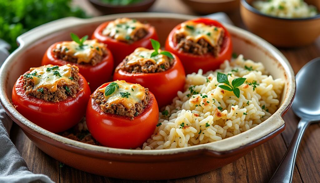 découvrez notre recette facile et savoureuse de tomates farcies accompagnées de riz au four, idéale pour un repas gourmand et rapide à préparer.